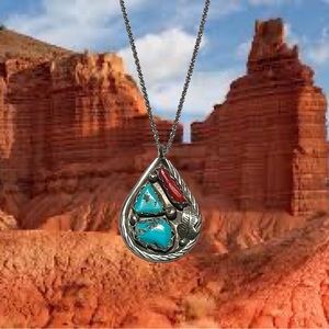 Zuni Fabian Cheama Turquoise & Coral Necklace 18”.